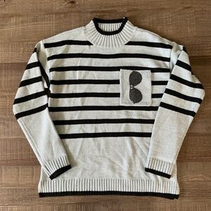 Karl Lagerfeld Black and White Women's Striped Mock-Neck Sunglasses Sweater